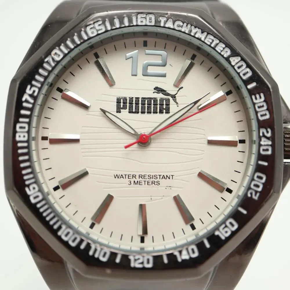 Puma Men's Black Sport Analog 44mm Watch White Dial Silicone Strap w New Battery